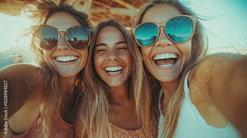 Three cheerful friends take a vibrant selfie in a sunny location, beams of joy and camaraderie shining brightly, encapsulating friendship and the sunny atmosphere perfectly.