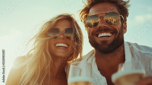 A laughing couple wearing sunglasses holds drinks outdoors, radiating happiness and warmth against a sunny backdrop, capturing a perfect moment of joy and companionship. photo