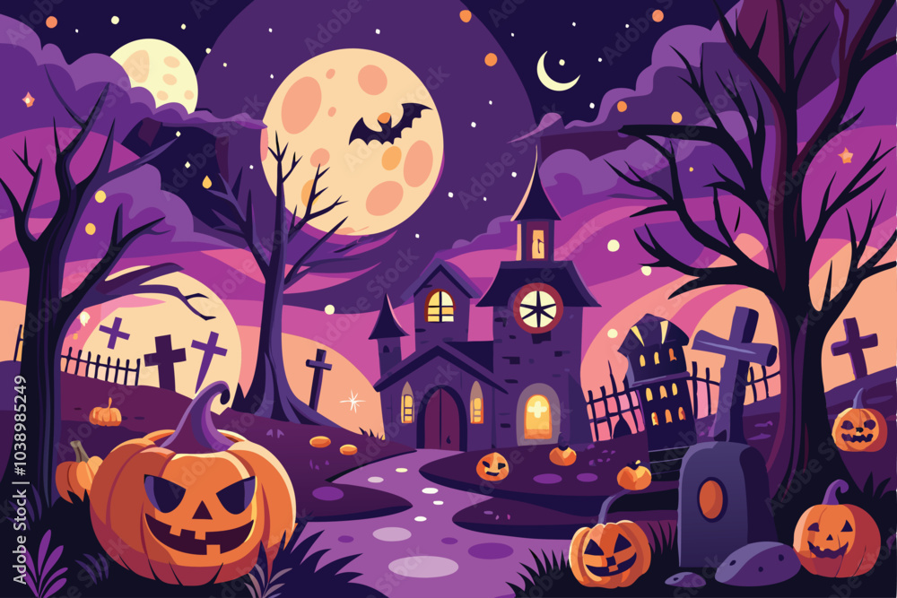 Fototapeta premium Haunted Halloween Night with Spooky Graveyard