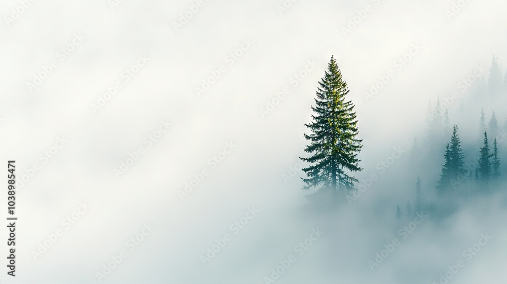 A pine tree stands alone amidst a dense fog, surrounded by lush pine forests on either side A pine tree stands alone amidst a dense fog, surrounded by lush pine forests on either side