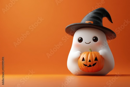 Cute Ghost in Witch Hat with Halloween Pumpkin