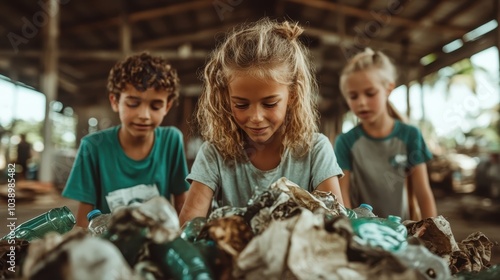 A group of children are actively sorting used plastic bottles and waste materials in a recycling facility, showcasing environmental awareness and teamwork. photo