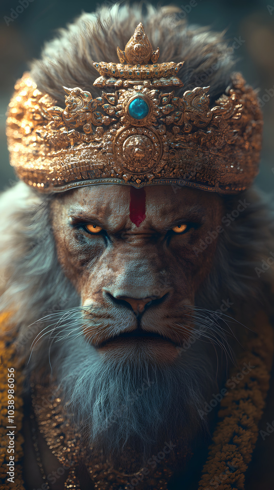 Face of a Lion and Body of a Human: Full Body View of Hindu God Narasimha, Symbolising Power and Protection Face of a Lion and Body of a Human: Full Body View of Hindu God Narasimha, Symbolising Power and Protection