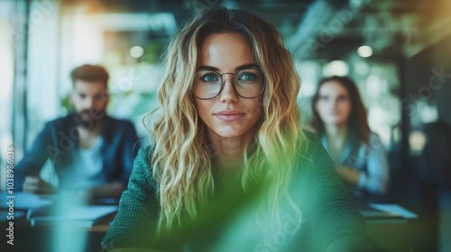 A professional woman with glasses focuses intently in an office environment, surrounded by colleagues, illustrating dedication and modern workplace dynamics. photo