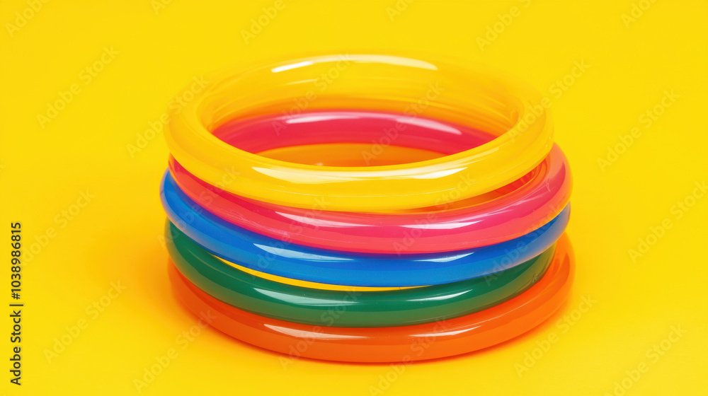 Colorful Bracelets on Bright Yellow Background Colorful Bracelets on Bright Yellow Background