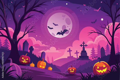 Halloween Night Cemetery Scene with Full Moon