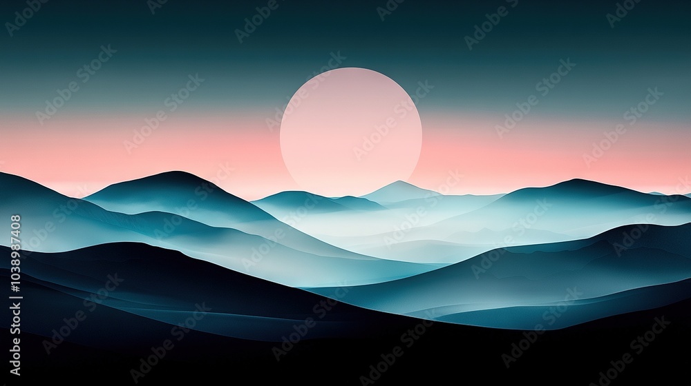 A painting captures a majestic mountain range bathed in the golden light of a rising sun against a backdrop of vibrant pink and blue sky A painting captures a majestic mountain range bathed in the golden light of a rising sun against a backdrop of vibrant pink and blue sky