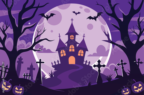 Haunted Mansion Under Full Moon Halloween Night