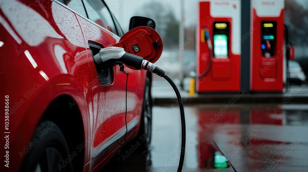 Naklejka premium Red electric car charging at station on rainy day, clean energy and eco-friendly transportation
