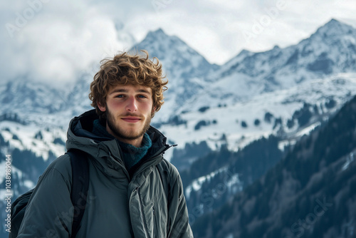  young man with curly hair on the background of snowy mountains