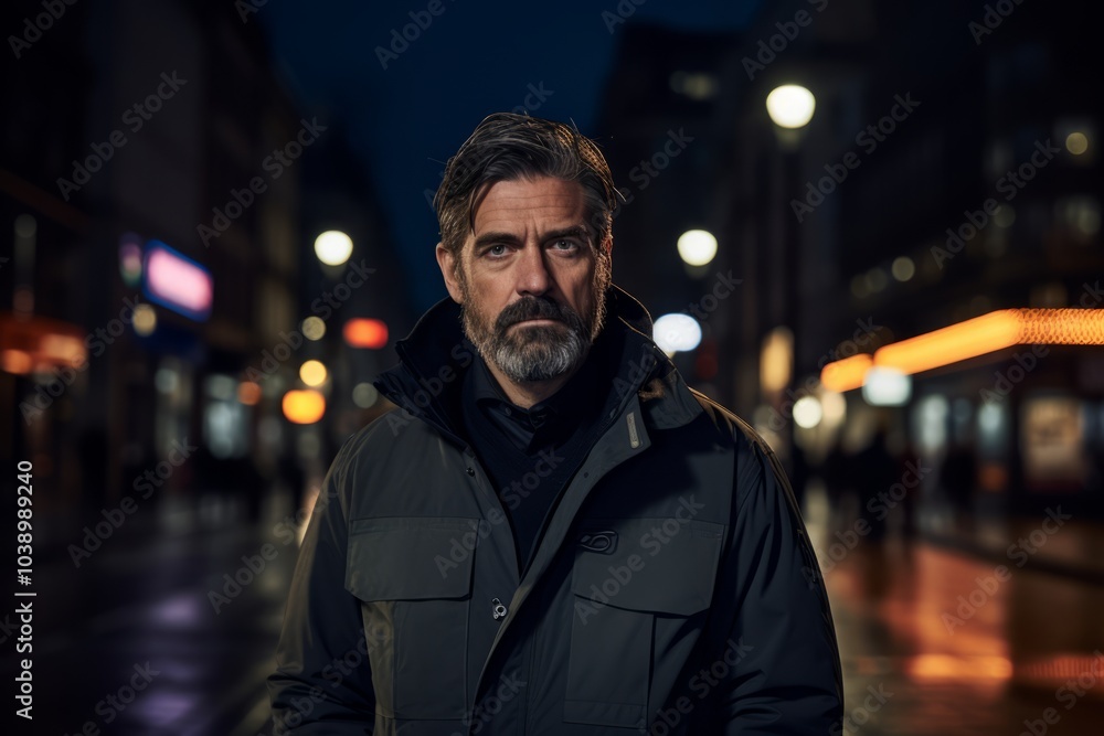 Portrait of a bearded man in a city street at night. Portrait of a bearded man in a city street at night.