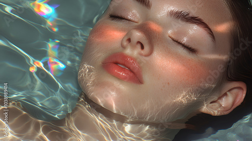 Close-up of a woman's face under water, with a relaxed expression. Colorful light is reflecting on her skin and lips, creating a rainbow prismatic lighting effect. This is a hyper-realistic photograph