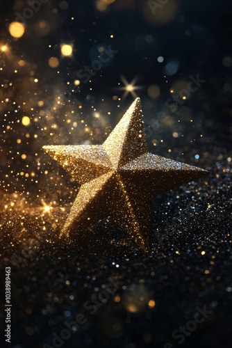 Golden star surrounded by sparkling light particles in a dark background setting