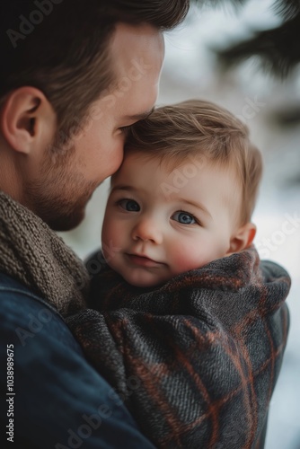 A father lovingly holds his baby wrapped in a cozy blanket, capturing a tender and intimate fatherhood moment in soft light.