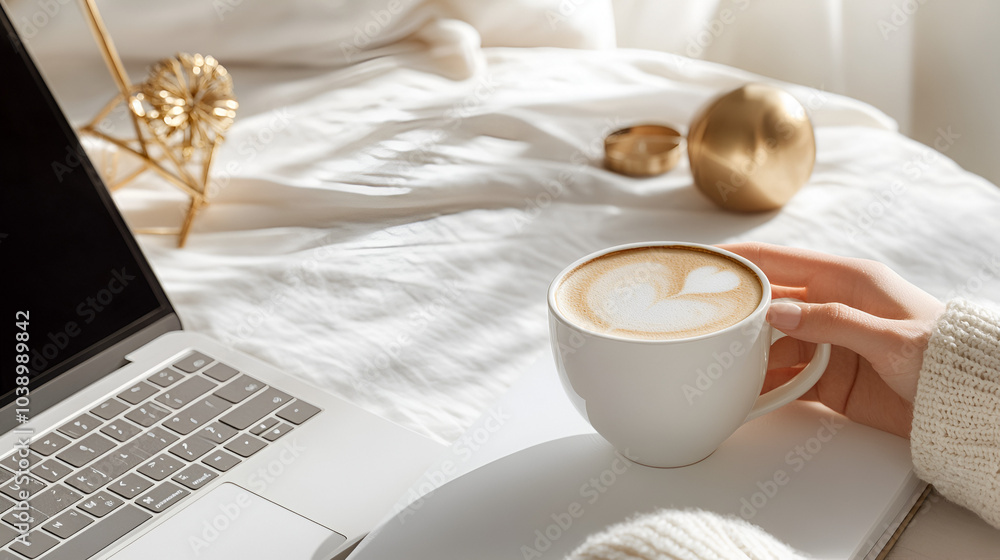 Close-up of a female entrepreneur’s hand holding a sleek white coffee cup, laptop open with a chic gold pen placed on a neutral notebook, sunlight reflecting off minimalist gold accessories on the des Close-up of a female entrepreneur’s hand holding a sleek white coffee cup, laptop open with a chic gold pen placed on a neutral notebook, sunlight reflecting off minimalist gold accessories on the des