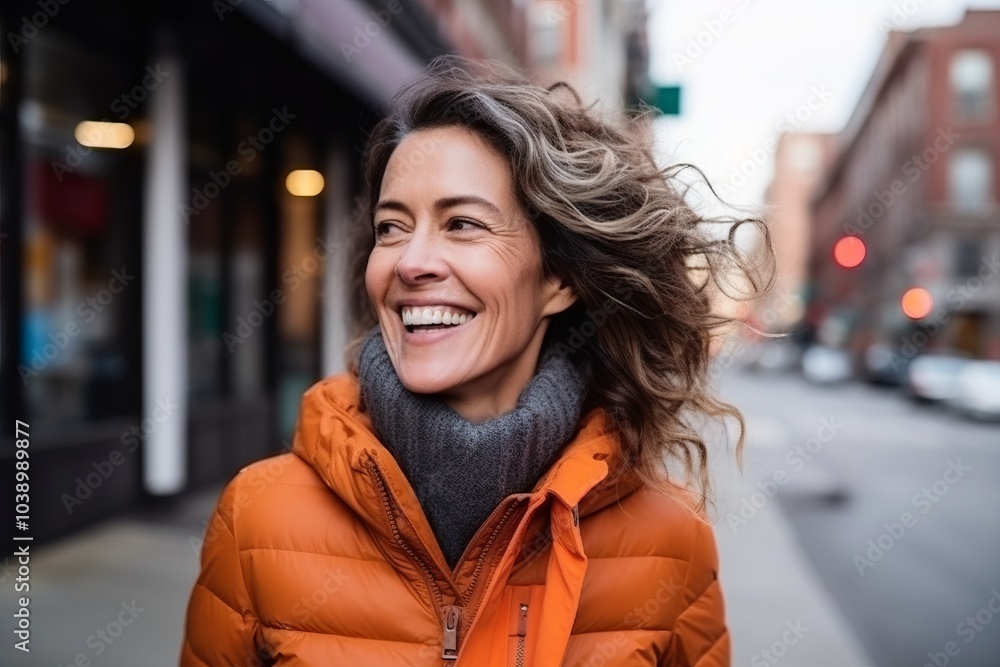 Portrait of a happy mature woman in winter jacket smiling in the city Portrait of a happy mature woman in winter jacket smiling in the city
