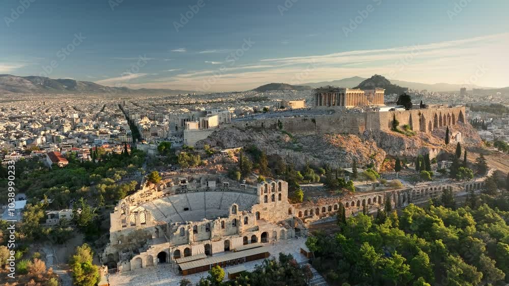 Aerial Views of Athens Showcasing Ancient Acropolis and Stunning City Landscape During Sunrise. Fly above Iconic Parthenon and Surrounding Ancient Ruins in Athens, Greece Aerial Views of Athens Showcasing Ancient Acropolis and Stunning City Landscape During Sunrise. Fly above Iconic Parthenon and Surrounding Ancient Ruins in Athens, Greece