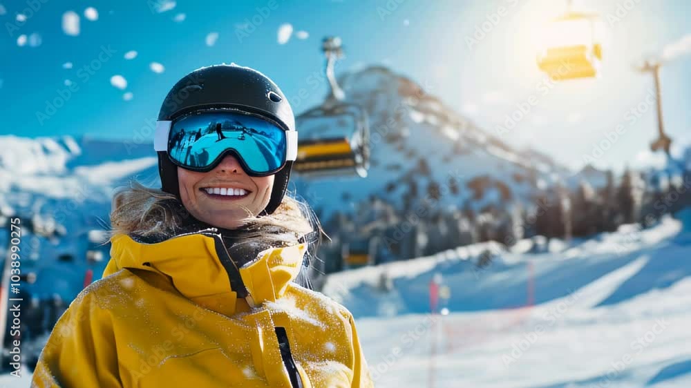 A happy skier wearing a yellow jacket and helmet enjoys a snowy day on the slopes with a ski lift in the background A happy skier wearing a yellow jacket and helmet enjoys a snowy day on the slopes with a ski lift in the background
