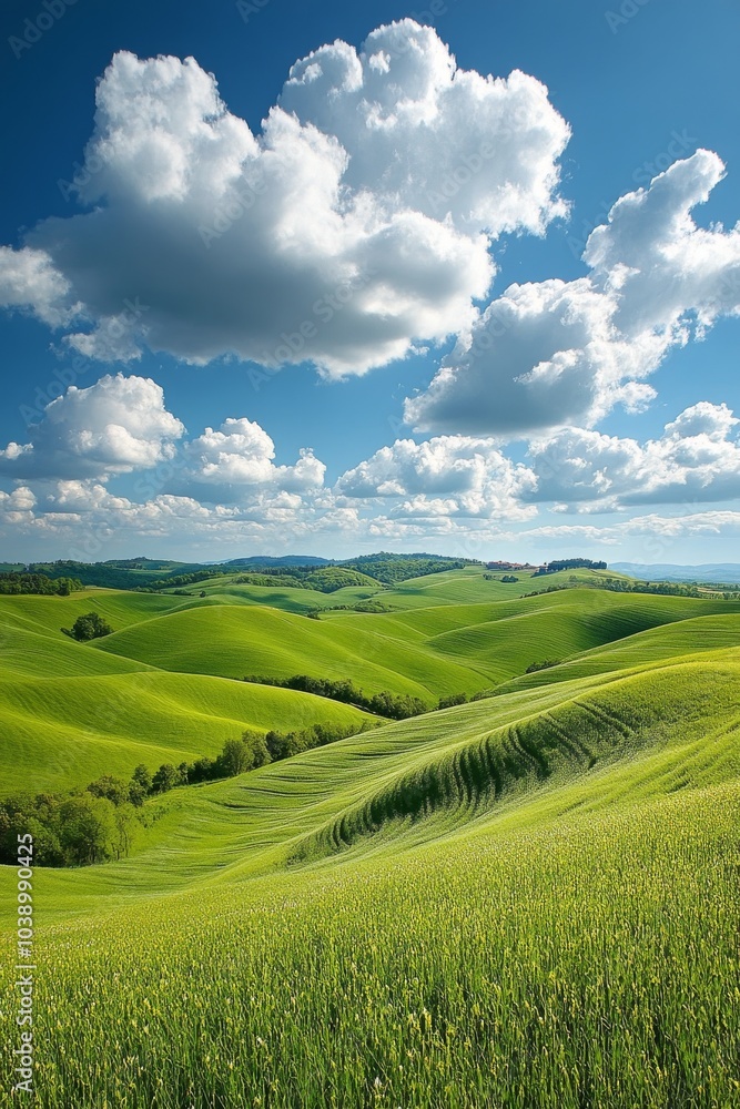 Fototapeta premium Lush green rolling hills under a partially cloudy sky in a serene landscape during midday