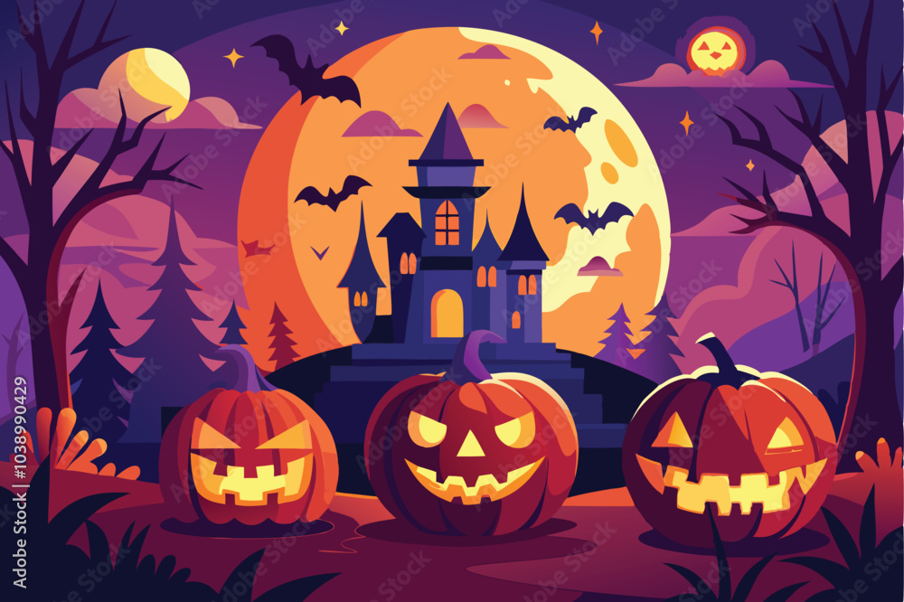 Haunted Halloween Night With JackOLanterns And Castle Haunted Halloween Night With JackOLanterns And Castle