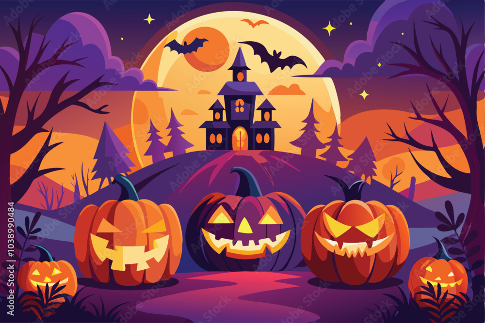 Halloween Night Pumpkins Glowing In Moonlight Halloween Night Pumpkins Glowing In Moonlight