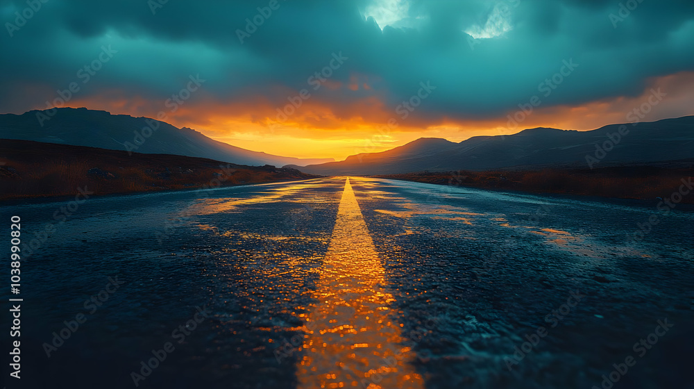 Obraz premium Wet Road Through Mountain Pass at Sunset - Landscape Photography