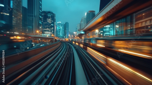 Futuristic High-Speed Train Passing Through a Modern Cityscape