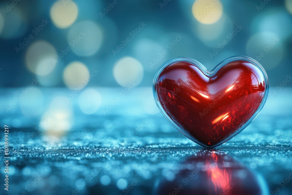 A shiny red heart decoration on a blurred blue background with sparkling lights A shiny red heart decoration on a blurred blue background with sparkling lights