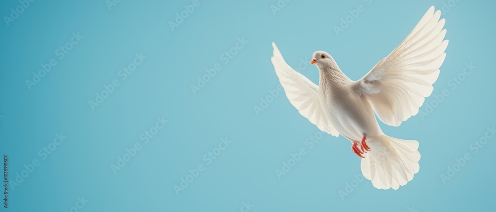 Obraz premium A graceful white dove in mid-flight against a clear blue background.