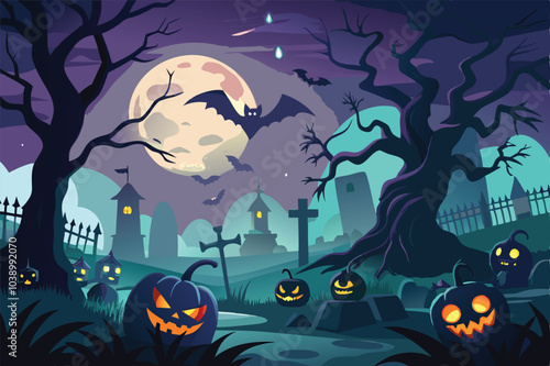 Spooky Halloween Night Cemetery Scene