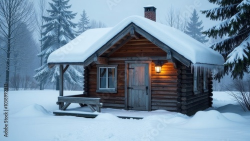 Cozy snow-covered cabin in winter wonderland with glowing lantern