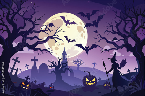 Halloween Night Cemetery Witch Bats Full Moon
