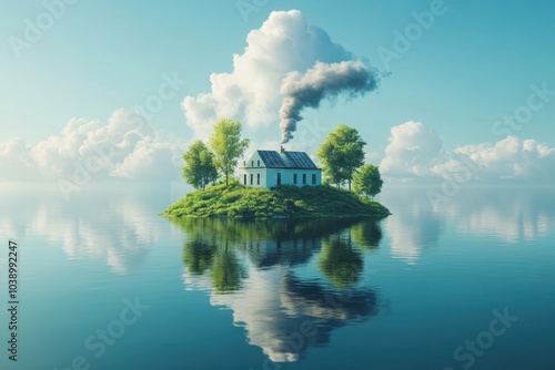 A solitary house on an island with smoke drifting against a blue sky and calm water reflections