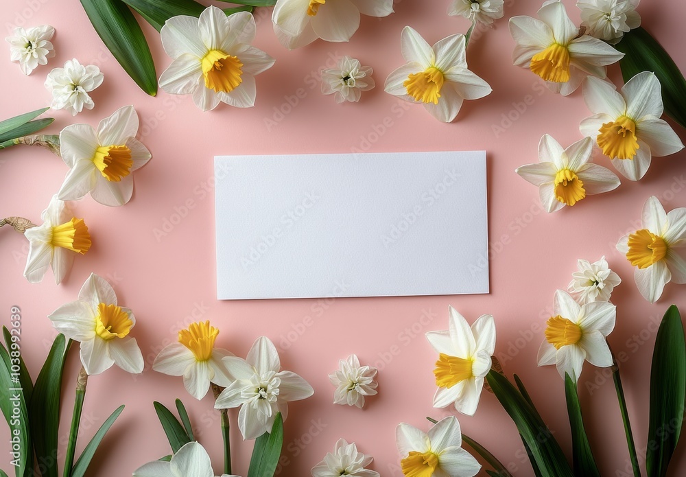 Bright white card surrounded by daffodils on a pink background during springtime Bright white card surrounded by daffodils on a pink background during springtime