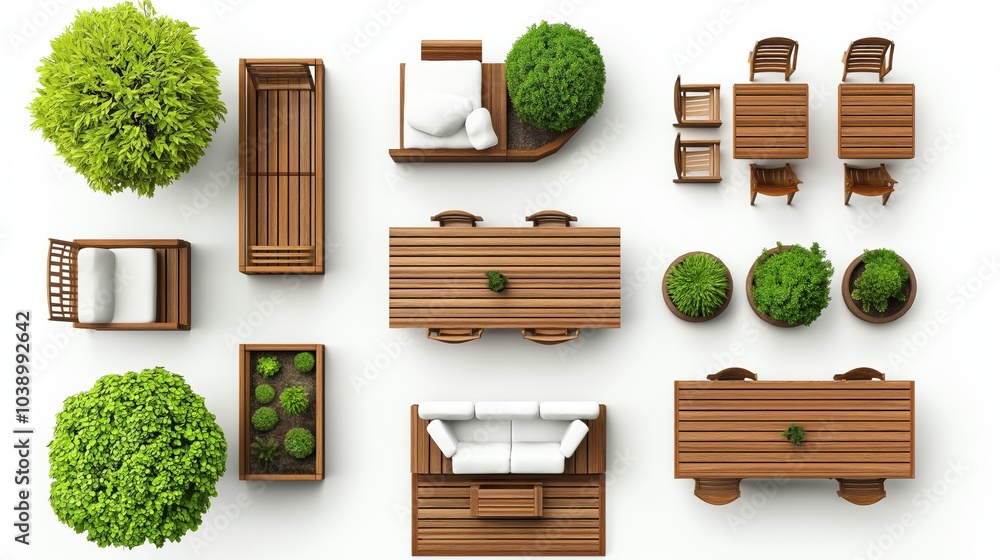 An aerial view of various plants and outdoor furniture arranged stylishly, creating a cozy and modern atmosphere in an outdoor garden setting, Generative Ai An aerial view of various plants and outdoor furniture arranged stylishly, creating a cozy and modern atmosphere in an outdoor garden setting, Generative Ai