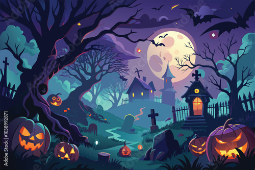 Spooky Halloween Night Cemetery Scene with JackOLanterns