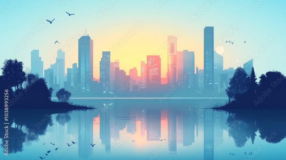 Obraz premium Serene Cityscape Reflection at Sunrise in Watercolor Style