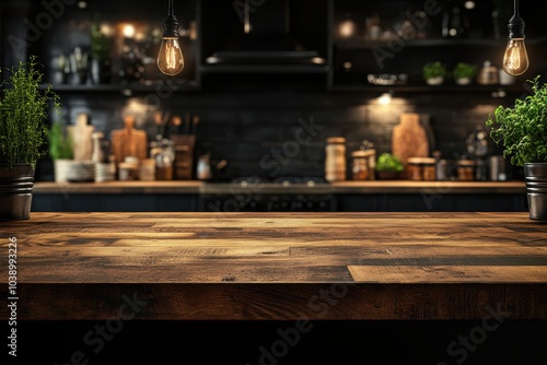 Dark kitchen with wooden table and soft lighting on fuzzy kitchen background.