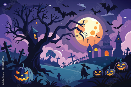 Spooky Halloween Night Cemetery Scene