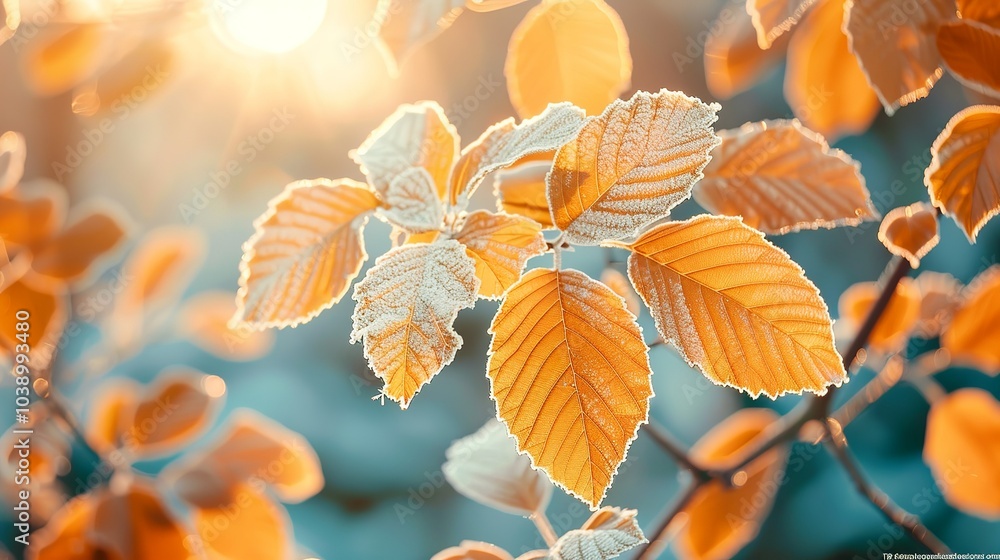 A close-up of frost-covered autumn leaves on a cold morning, with the... A close-up of frost-covered autumn leaves on a cold morning, with the...