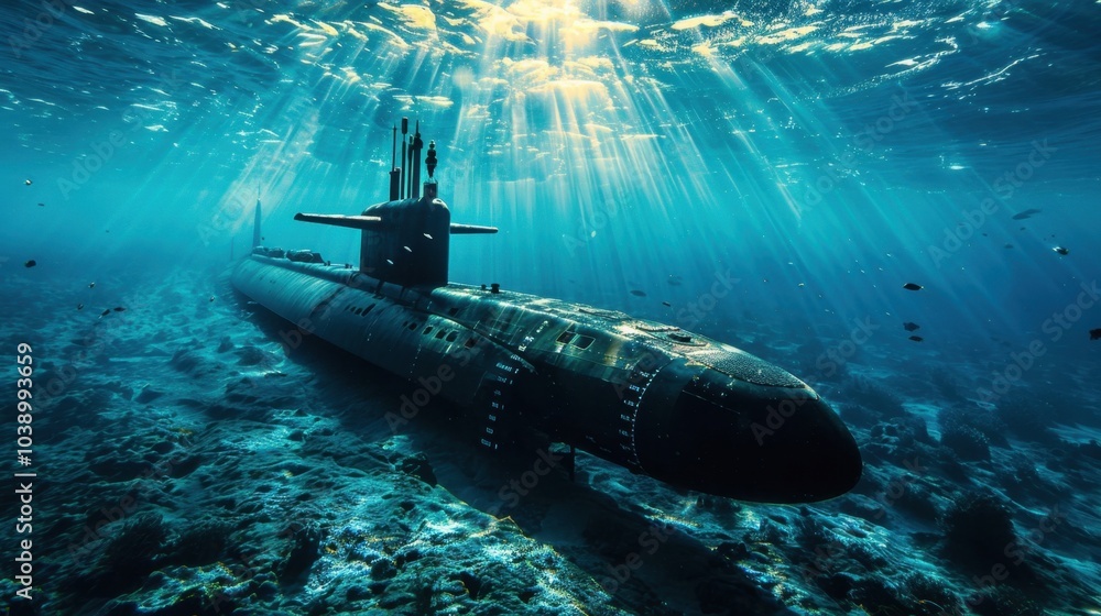 Submarine Emerging in the Deep Blue Ocean Depth Submarine Emerging in the Deep Blue Ocean Depth