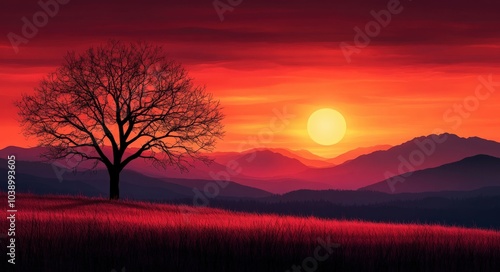 Vibrant sunset over mountains with a solitary tree silhouetted in the foreground