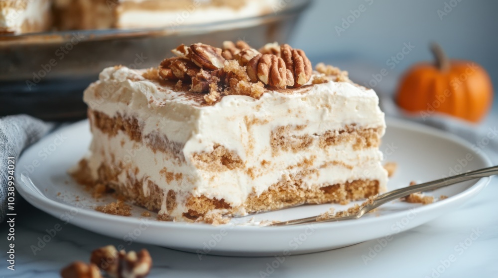 Tiramisu Dessert Close-up with Pumpkins in Background. Pumpkin Spice Icebox Cake Tiramisu Dessert Close-up with Pumpkins in Background. Pumpkin Spice Icebox Cake