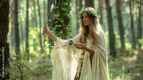 A Wiccan priestess casting a circle in a forest, with a wand and protective...
