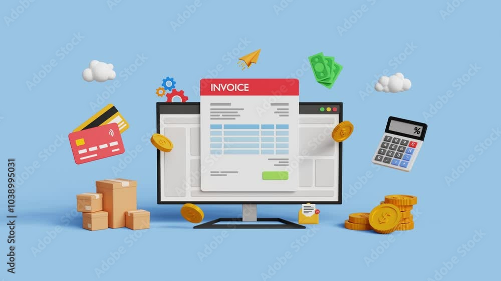 E-Invoice, digital statement software. Finance payment system, accounting, bill, price or tax calculation, business quotation and receipt concept. 3D computer with invoice document. 4K 3D animation E-Invoice, digital statement software. Finance payment system, accounting, bill, price or tax calculation, business quotation and receipt concept. 3D computer with invoice document. 4K 3D animation