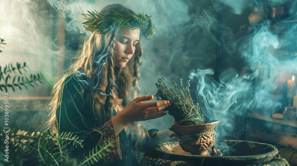 Fototapeta premium A witch cleansing a ritual space with a bundle of burning sage, smoke...