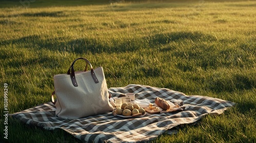 A tote bag resting on a picnic blanket spread out on a grassy field, complete with picnic items.