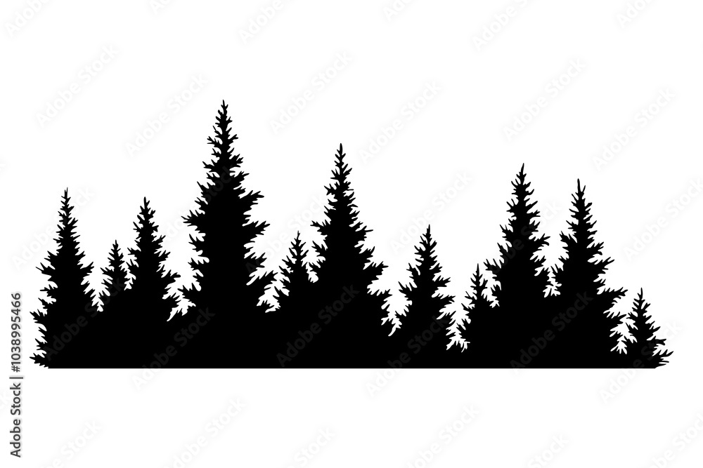 Obraz premium Fir trees silhouette. Coniferous spruce horizontal background pattern, black evergreen woods vector illustration. Beautiful hand drawn panorama of coniferous forest