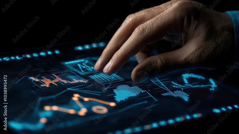 Naklejka premium Hand interacting with a digital touchscreen displaying data visualizations.