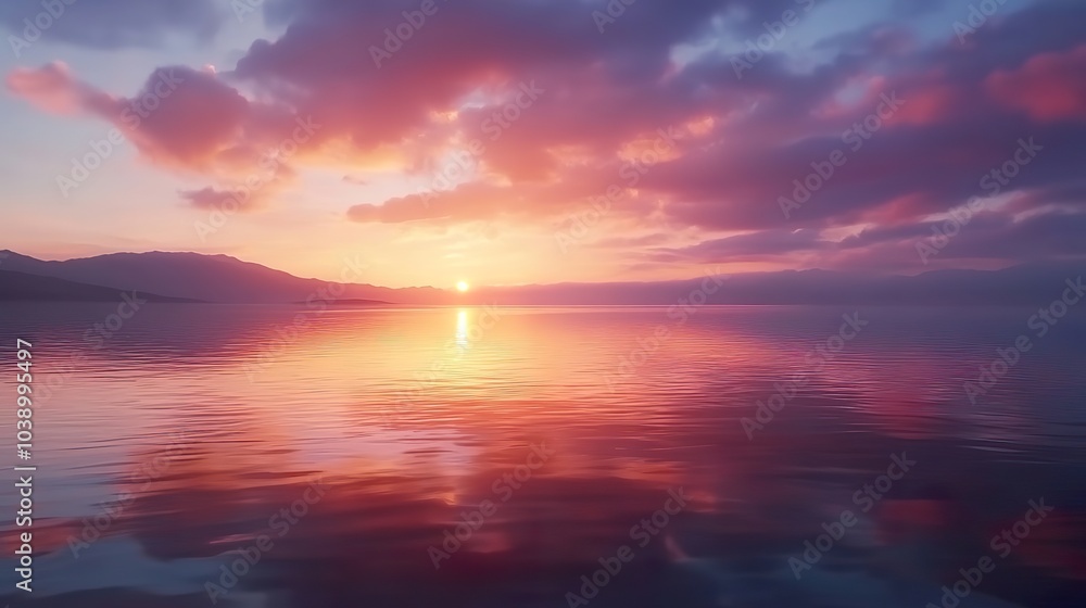 Obraz premium A tranquil lake with a reflective surface mirroring the colorful sunset sky.